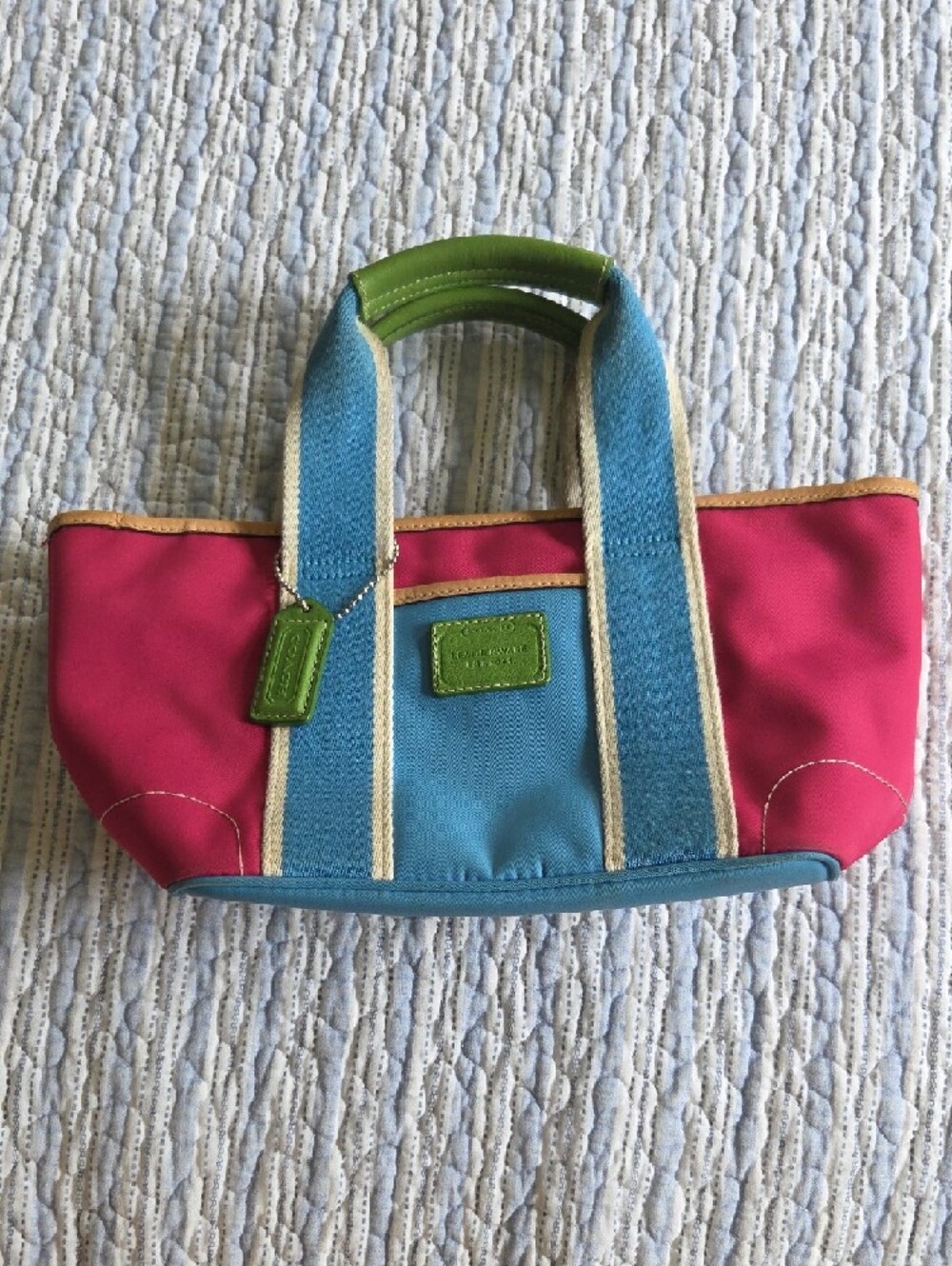 Coach Pink and Blue Canvas Tote with Green Tag